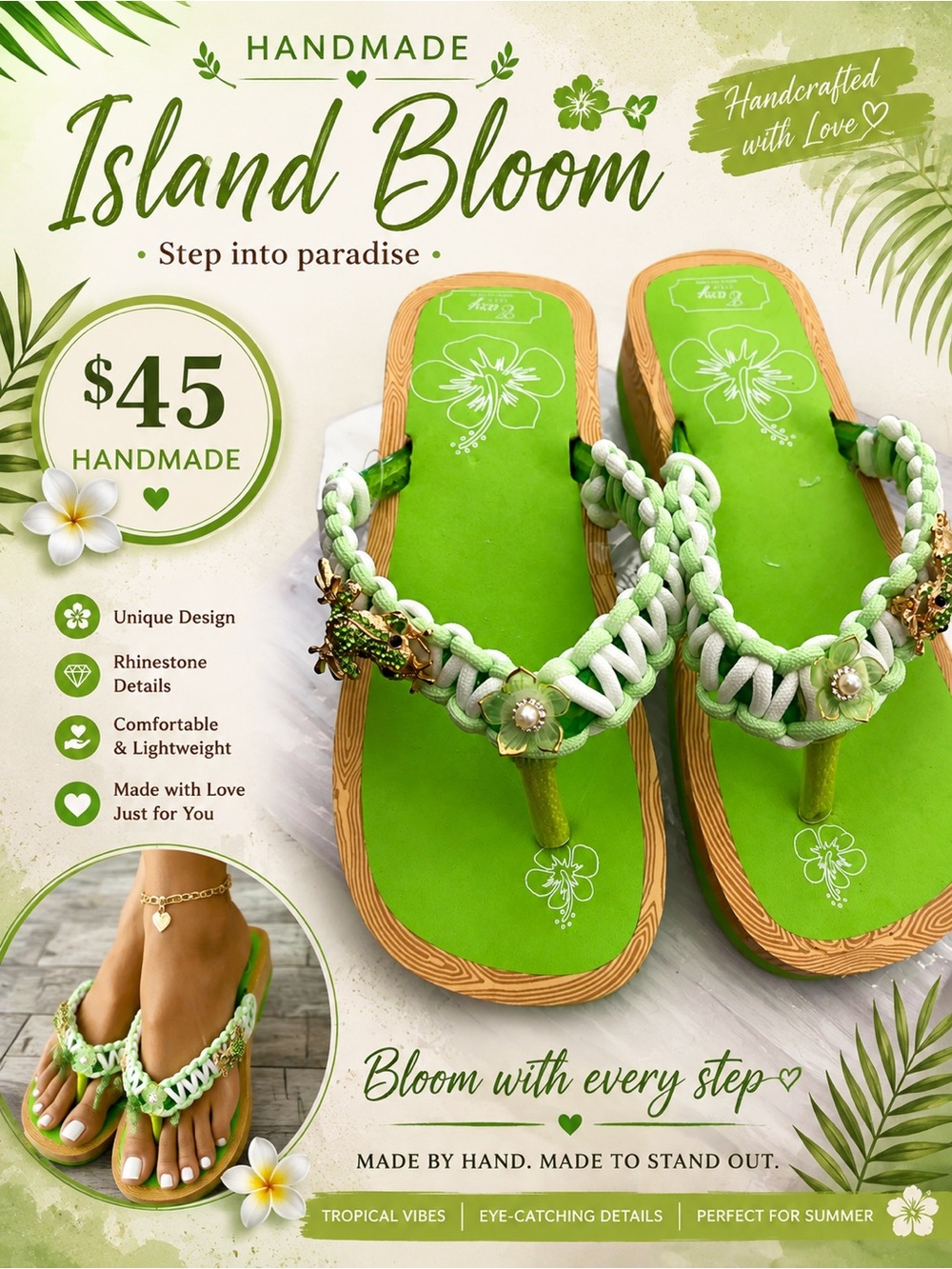 🩷. S-23 Handmade Green and White Women's Flip Flop Sandals with beautiful accent